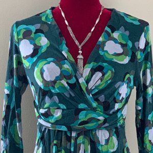 Boden Drapey Green & Blue Geo Floral Surplice Jersey Dress